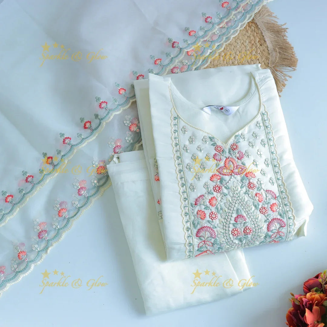 Beautiful Modal Silk Kurti pant with Organza Dupatta set- White - Sparkle and Glow