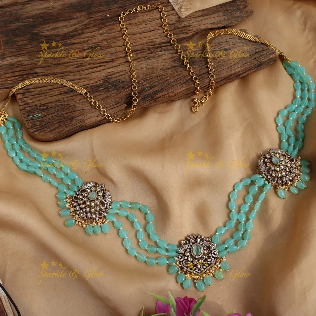Beautiful multi layer sea blue beads peacock design Victorian AD Hip chain - Sparkle and Glow