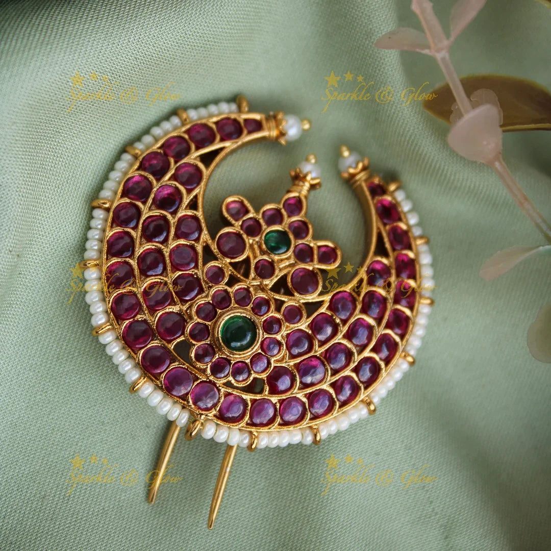 Beautiful kemp stone floral Hair Pin with pearls - Sparkle and Glow