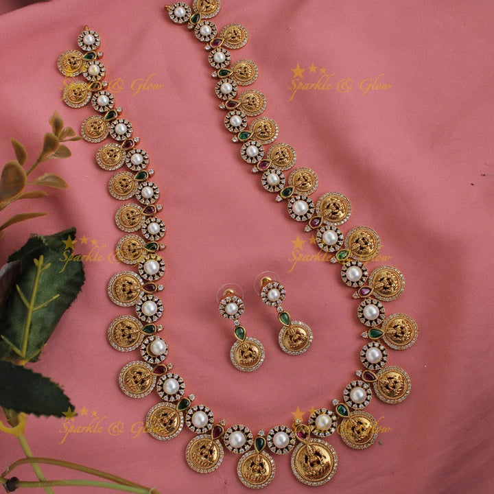 Premium matte Lakshmi coin haram with pearls and multi colour stones - Sparkle and Glow