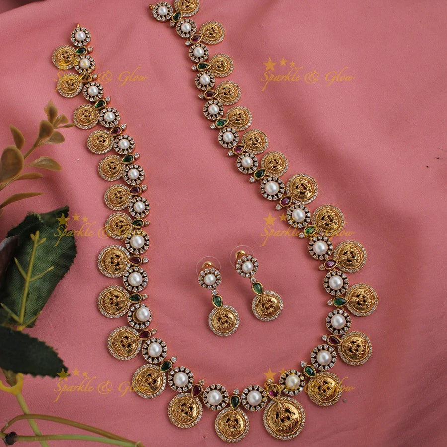Premium matte Lakshmi coin haram with pearls and multi colour stones - Sparkle and Glow