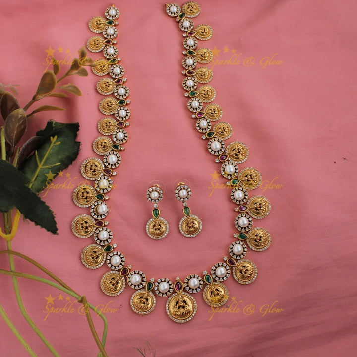 Premium matte Lakshmi coin haram with pearls and multi colour stones - Sparkle and Glow