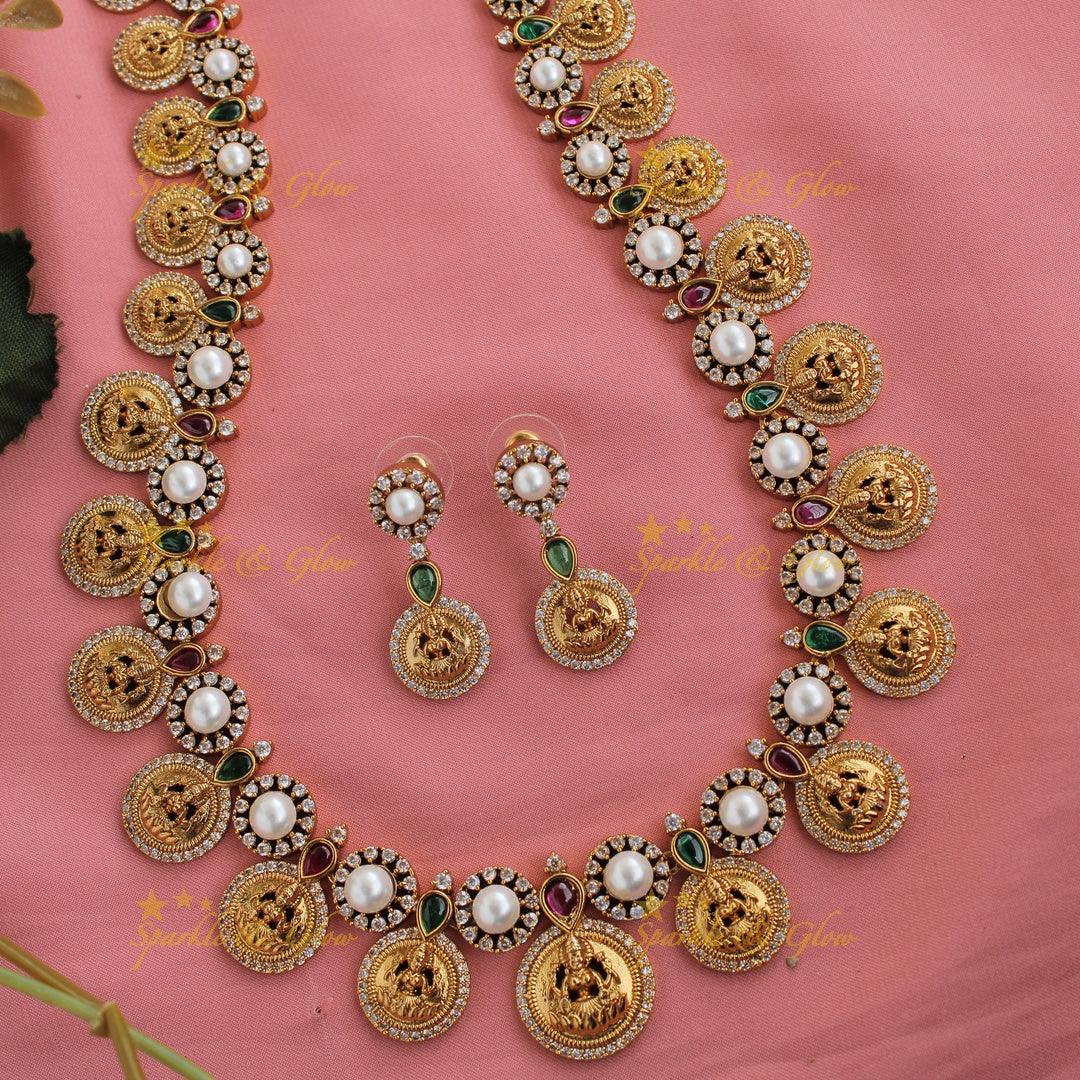 Premium matte Lakshmi coin haram with pearls and multi colour stones - Sparkle and Glow