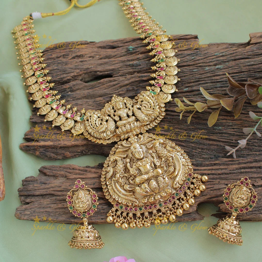 Exquisite Lakshmi peacock carved coin haram with ruby emerald and green beads - Sparkle and Glow