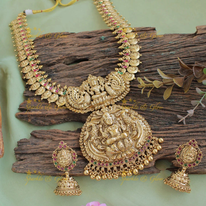 Exquisite Lakshmi peacock carved coin haram with ruby emerald and green beads - Sparkle and Glow
