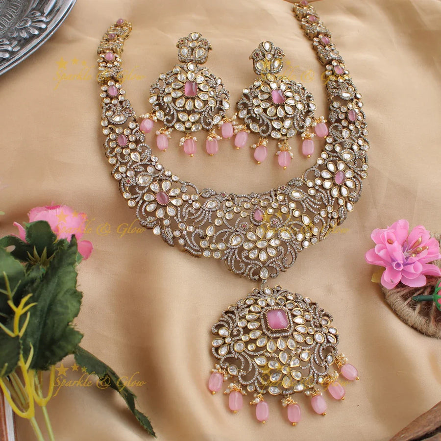 Gorgeous peacock and floral design victorian long necklace with pink beads and stones - Sparkle and Glow