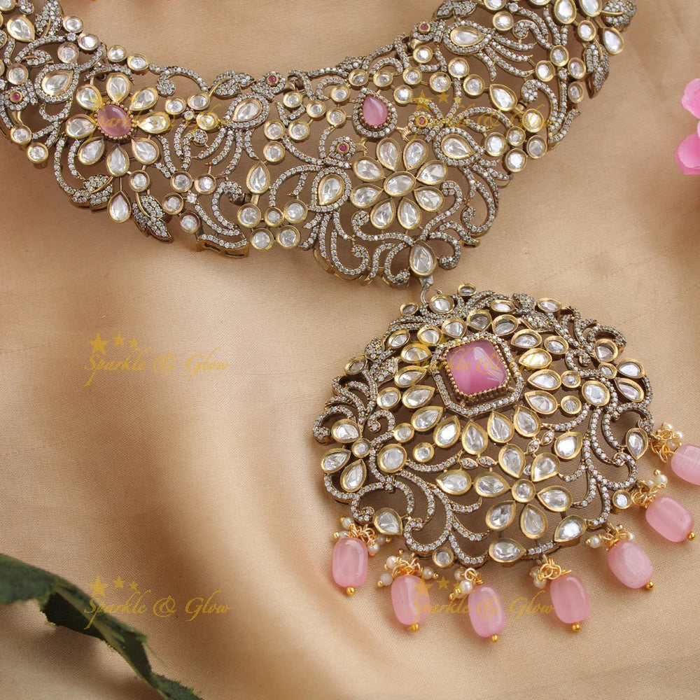 Gorgeous peacock and floral design victorian long necklace with pink beads and stones - Sparkle and Glow