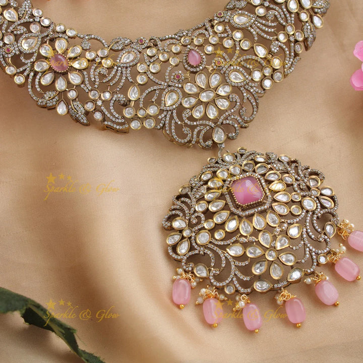 Gorgeous peacock and floral design victorian long necklace with pink beads and stones - Sparkle and Glow