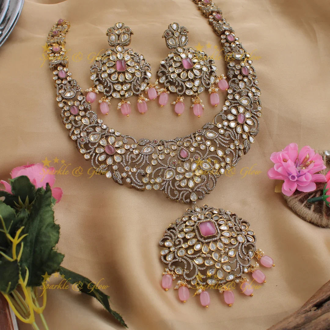 Gorgeous peacock and floral design victorian long necklace with pink beads and stones - Sparkle and Glow