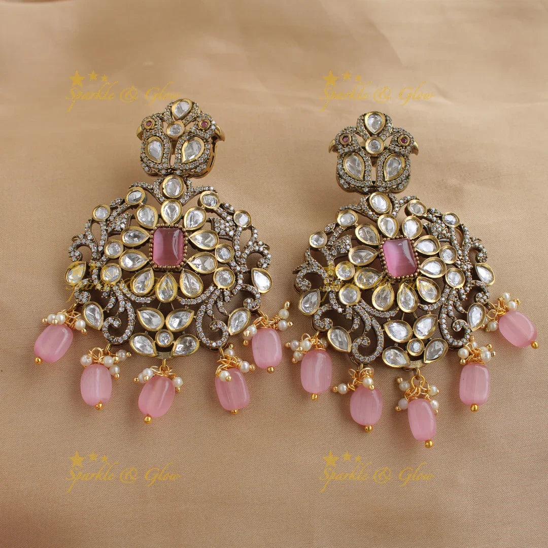 Gorgeous peacock and floral design victorian long necklace with pink beads and stones - Sparkle and Glow