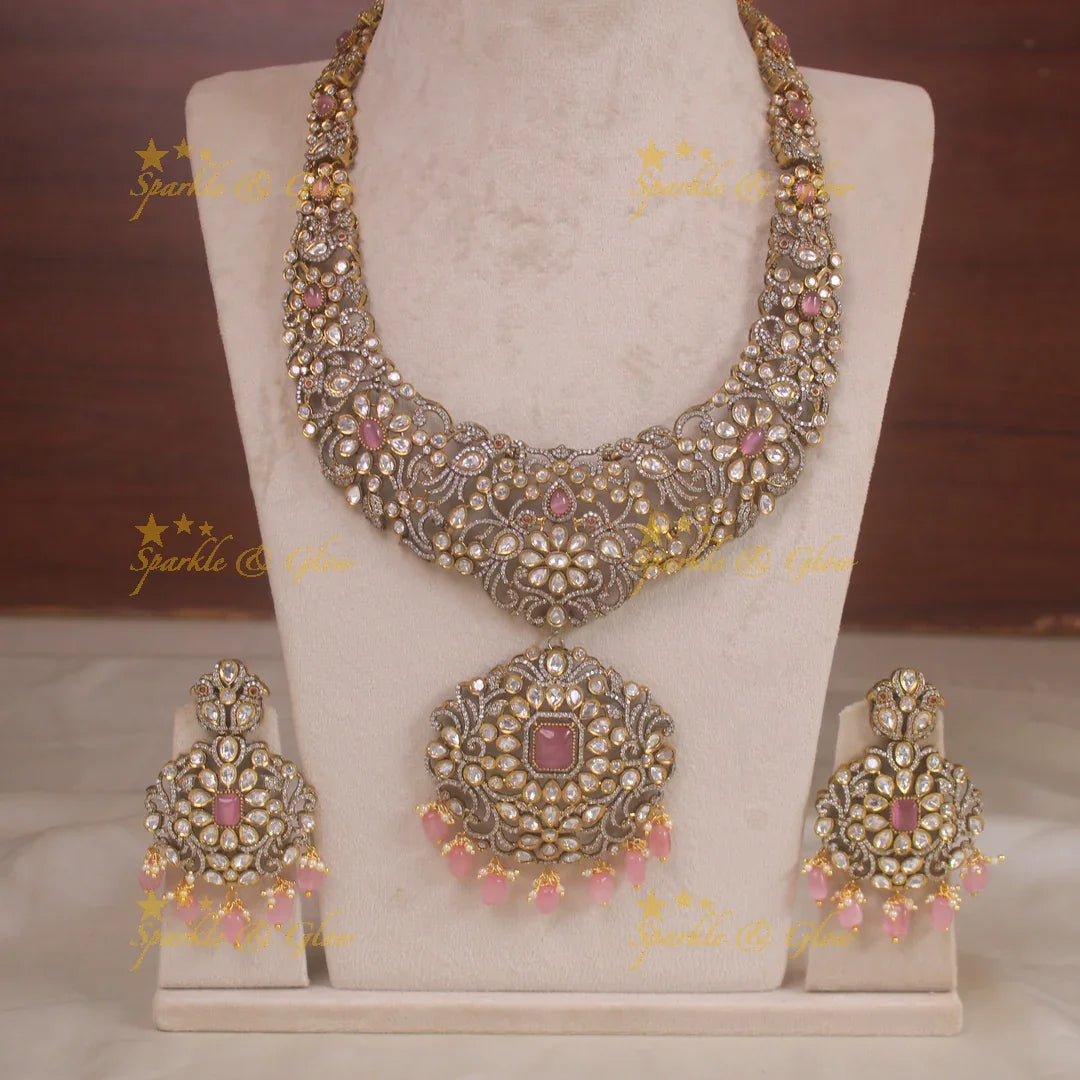 Gorgeous peacock and floral design victorian long necklace with pink beads and stones - Sparkle and Glow