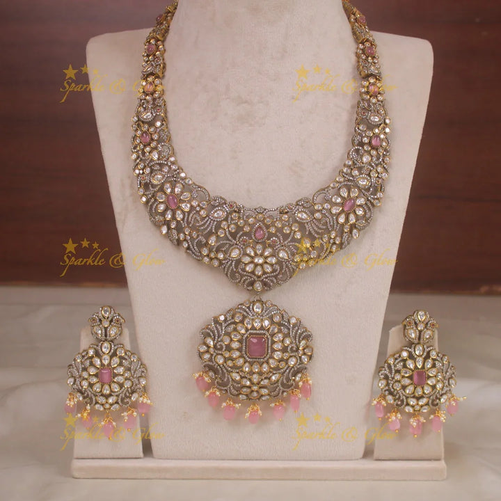 Gorgeous peacock and floral design victorian long necklace with pink beads and stones - Sparkle and Glow