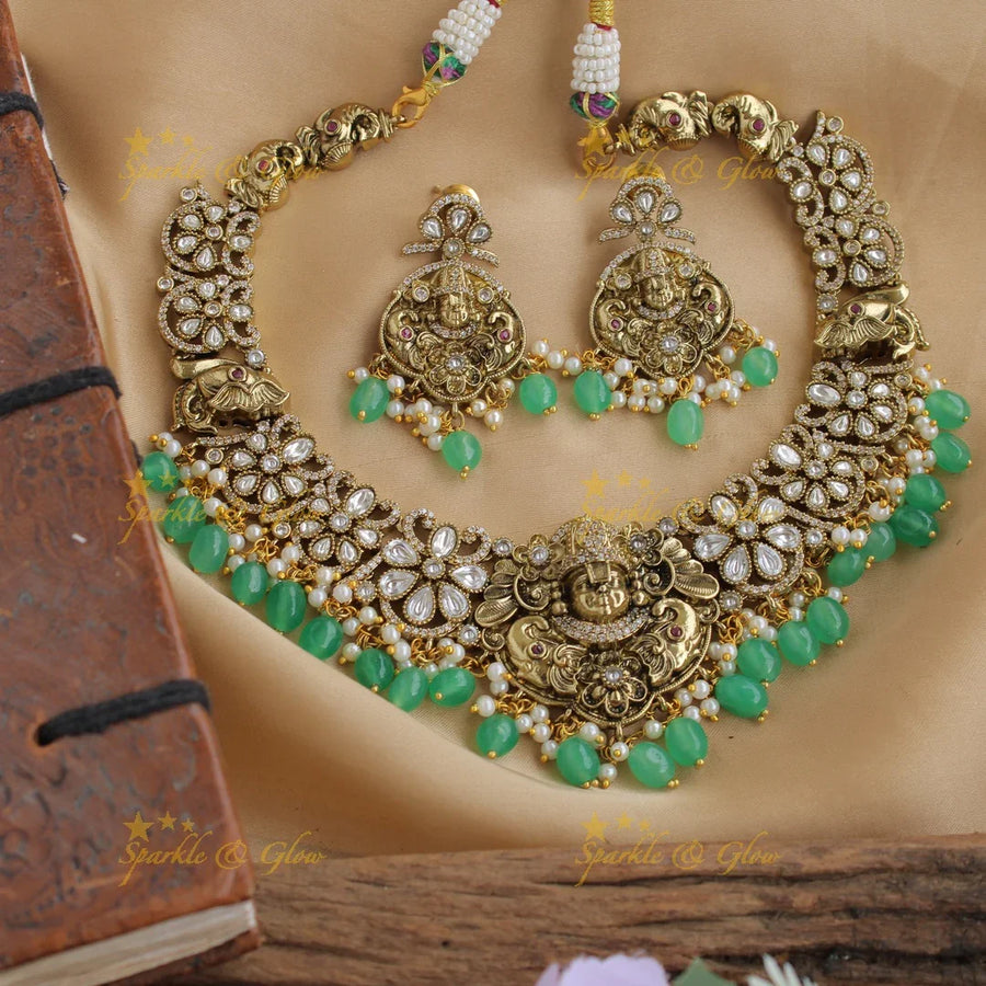 Beautiful Balaji elephant carved floral design victorian AD short necklace with pearls and green beads - Sparkle and Glow