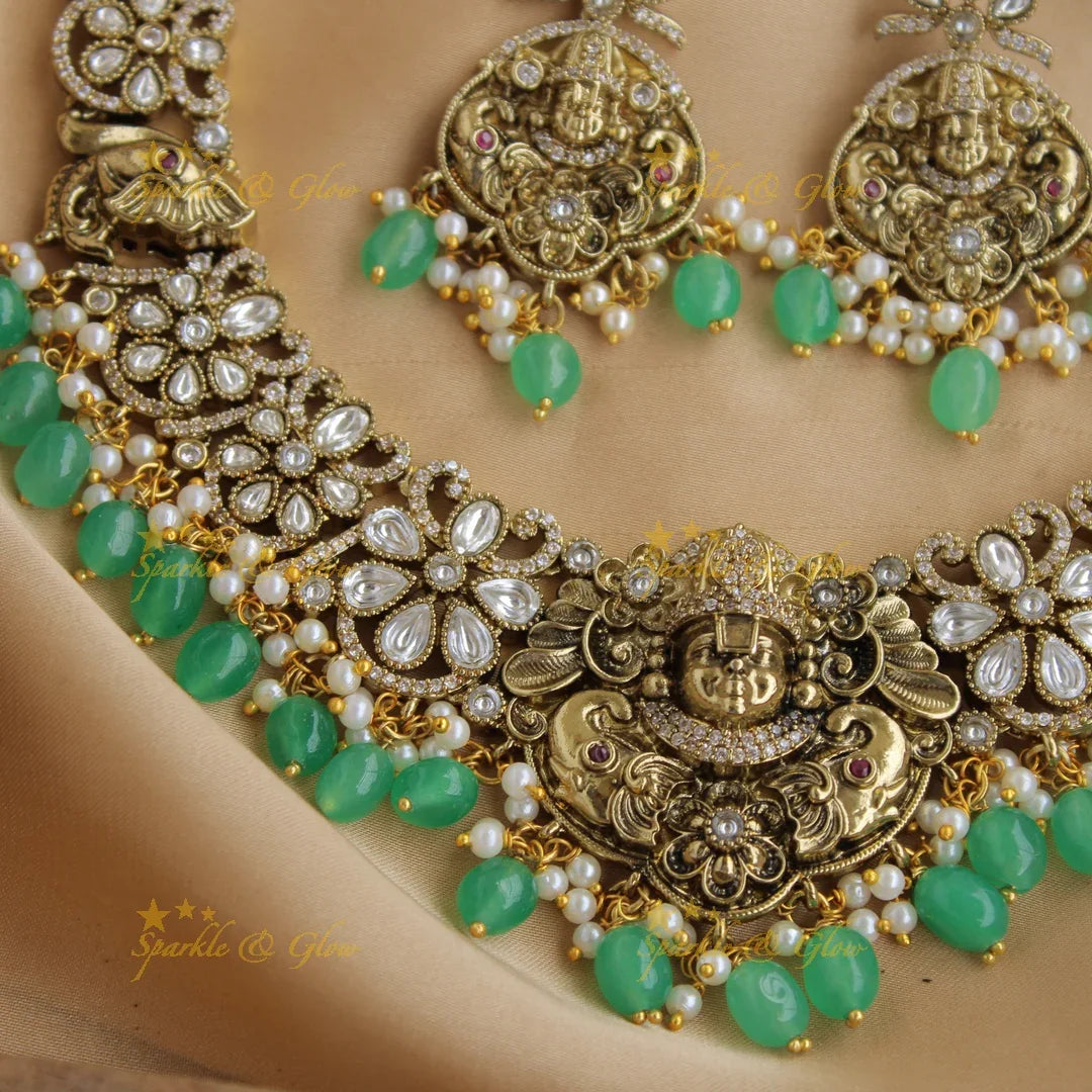 Beautiful Balaji elephant carved floral design victorian AD short necklace with pearls and green beads - Sparkle and Glow