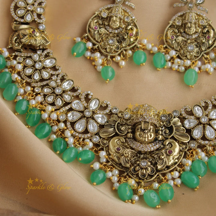 Beautiful Balaji elephant carved floral design victorian AD short necklace with pearls and green beads - Sparkle and Glow