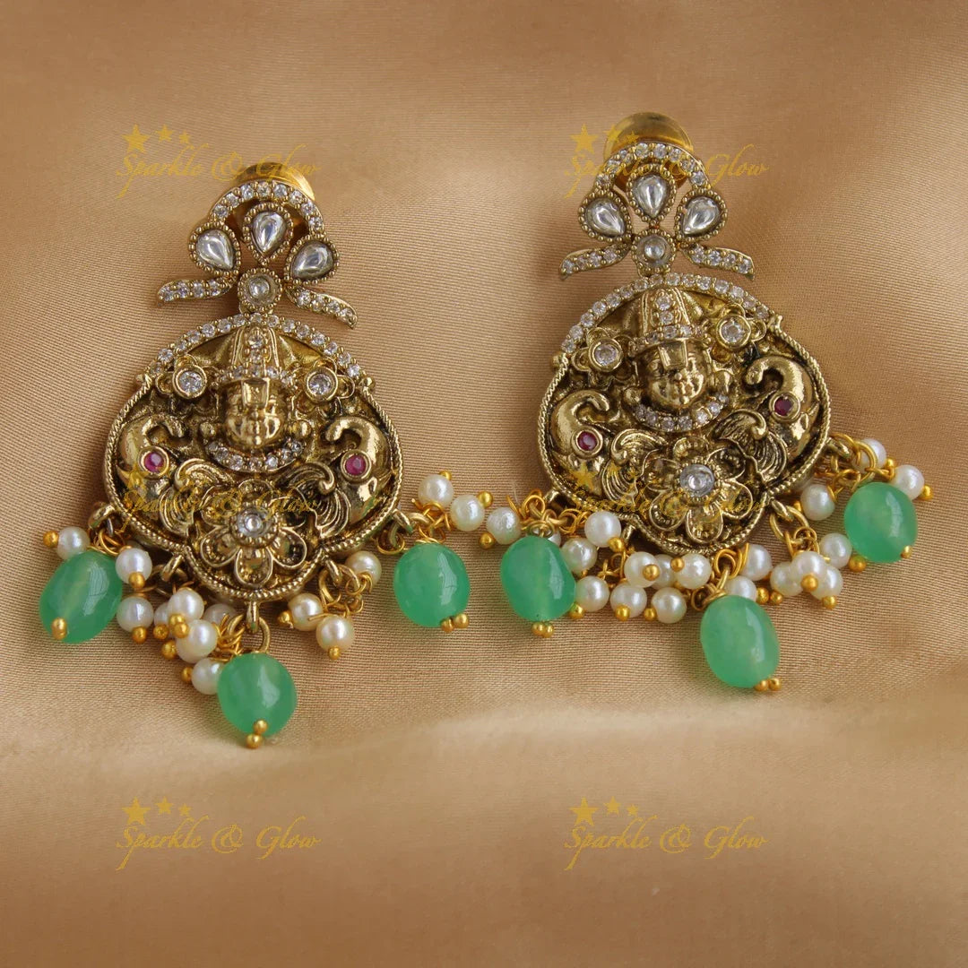 Beautiful Balaji elephant carved floral design victorian AD short necklace with pearls and green beads - Sparkle and Glow