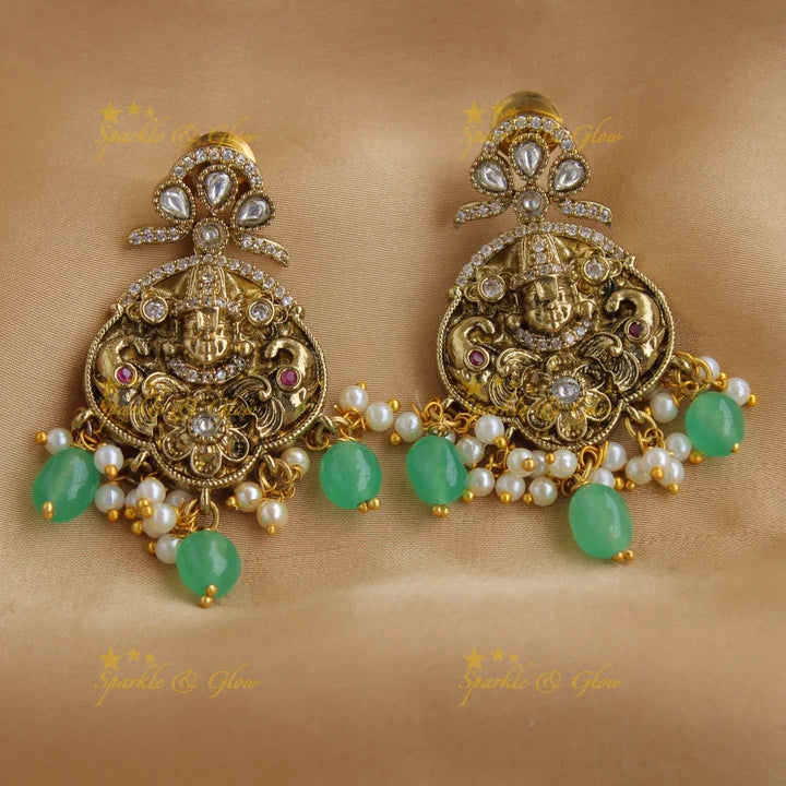 Beautiful Balaji elephant carved floral design victorian AD short necklace with pearls and green beads - Sparkle and Glow