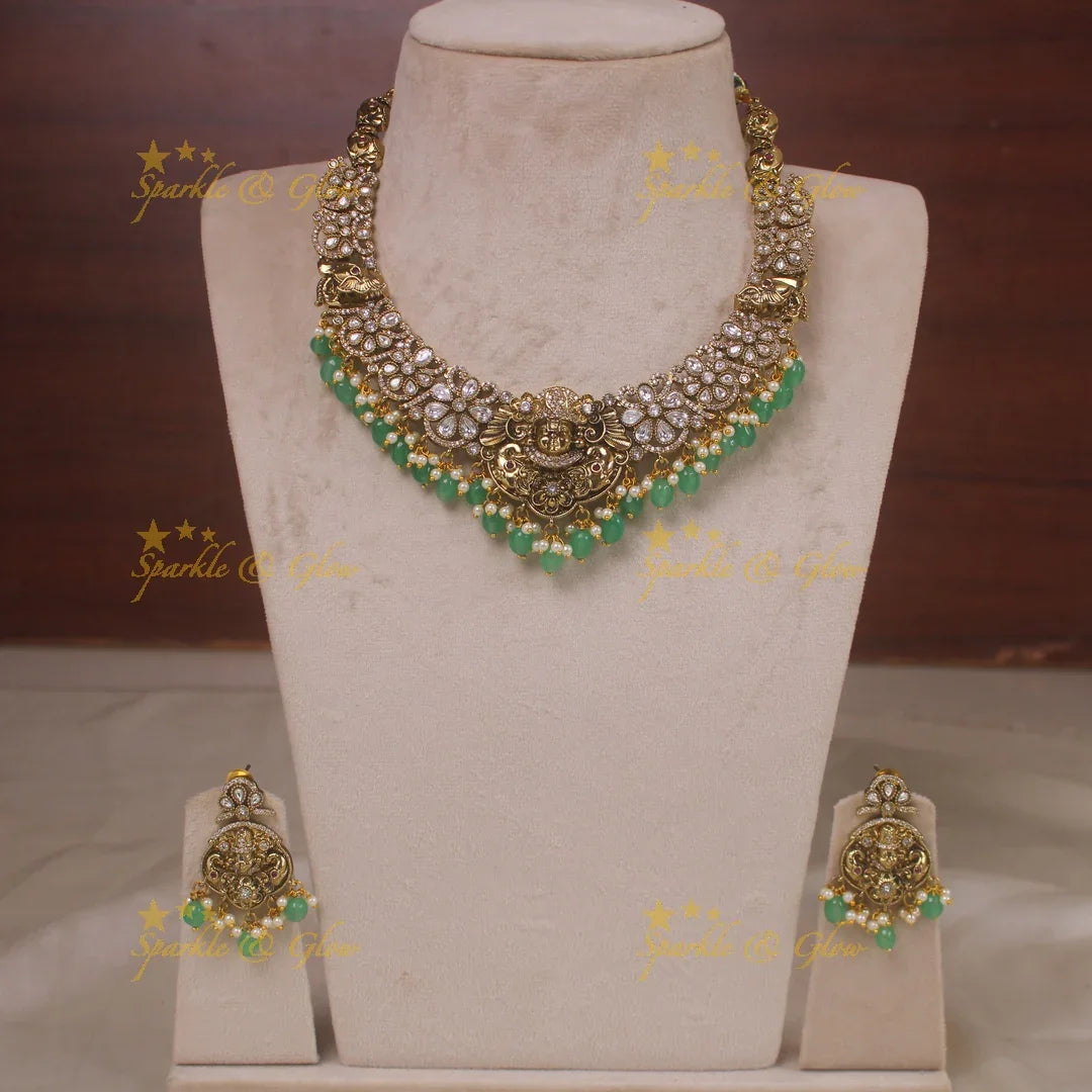 Beautiful Balaji elephant carved floral design victorian AD short necklace with pearls and green beads - Sparkle and Glow