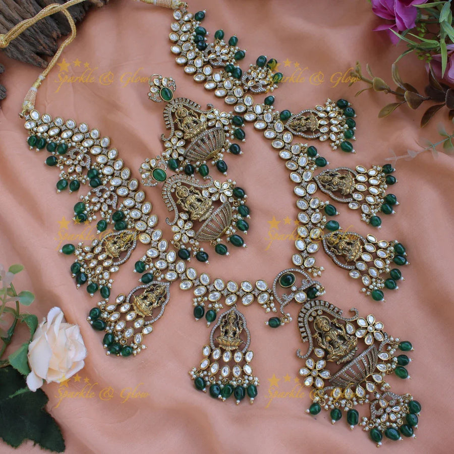 Exclusive grand Lakshmi carved Victorian AD long necklace with pearls and green beads - Sparkle and Glow