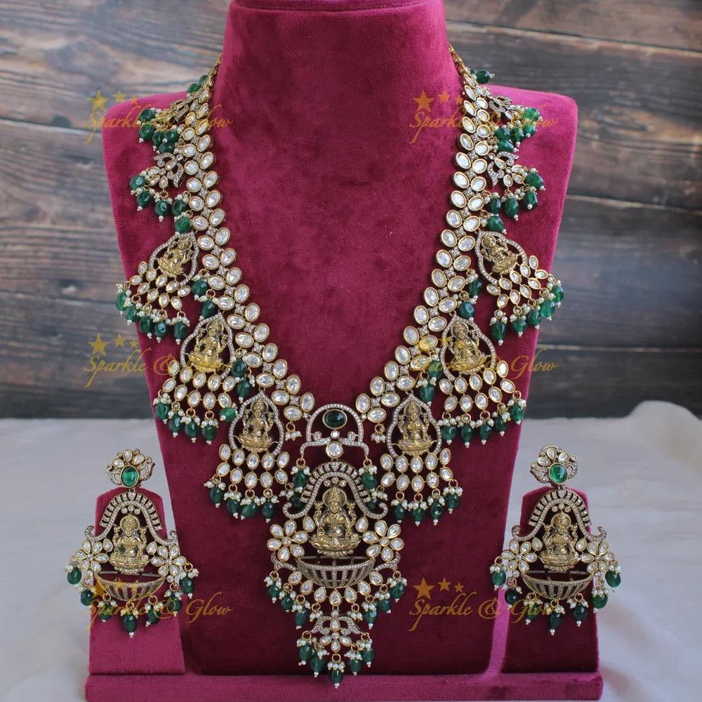 Exclusive grand Lakshmi carved Victorian AD long necklace with pearls and green beads - Sparkle and Glow