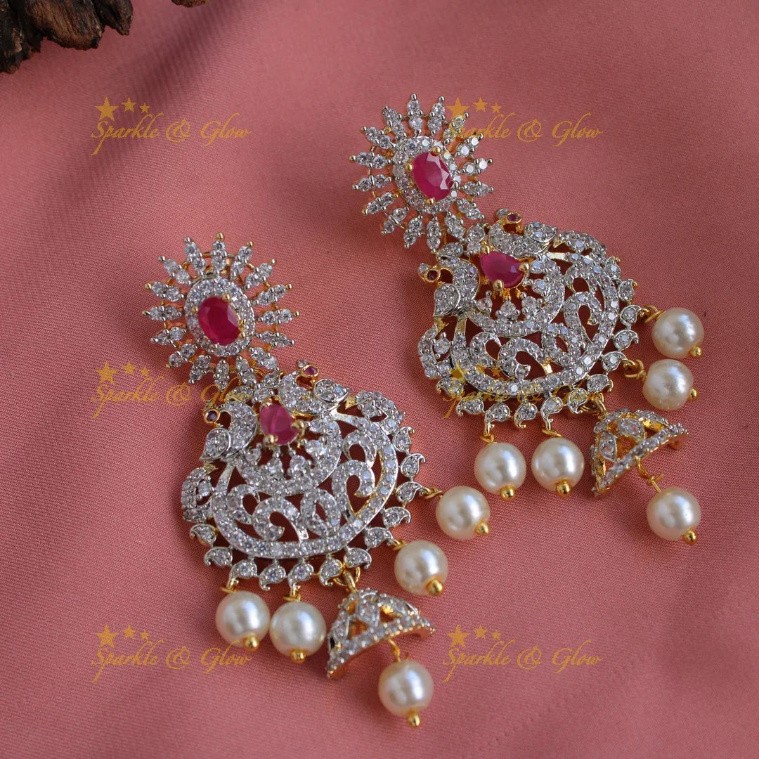 Gorgeous Peacock and floral design American diamond long necklace with pealrs and ruby - Sparkle and Glow