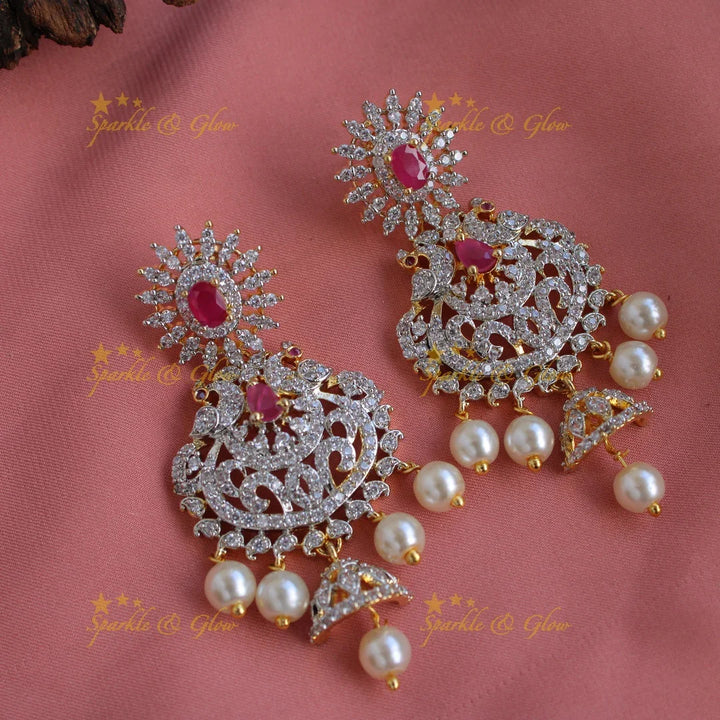 Gorgeous Peacock and floral design American diamond long necklace with pealrs and ruby - Sparkle and Glow