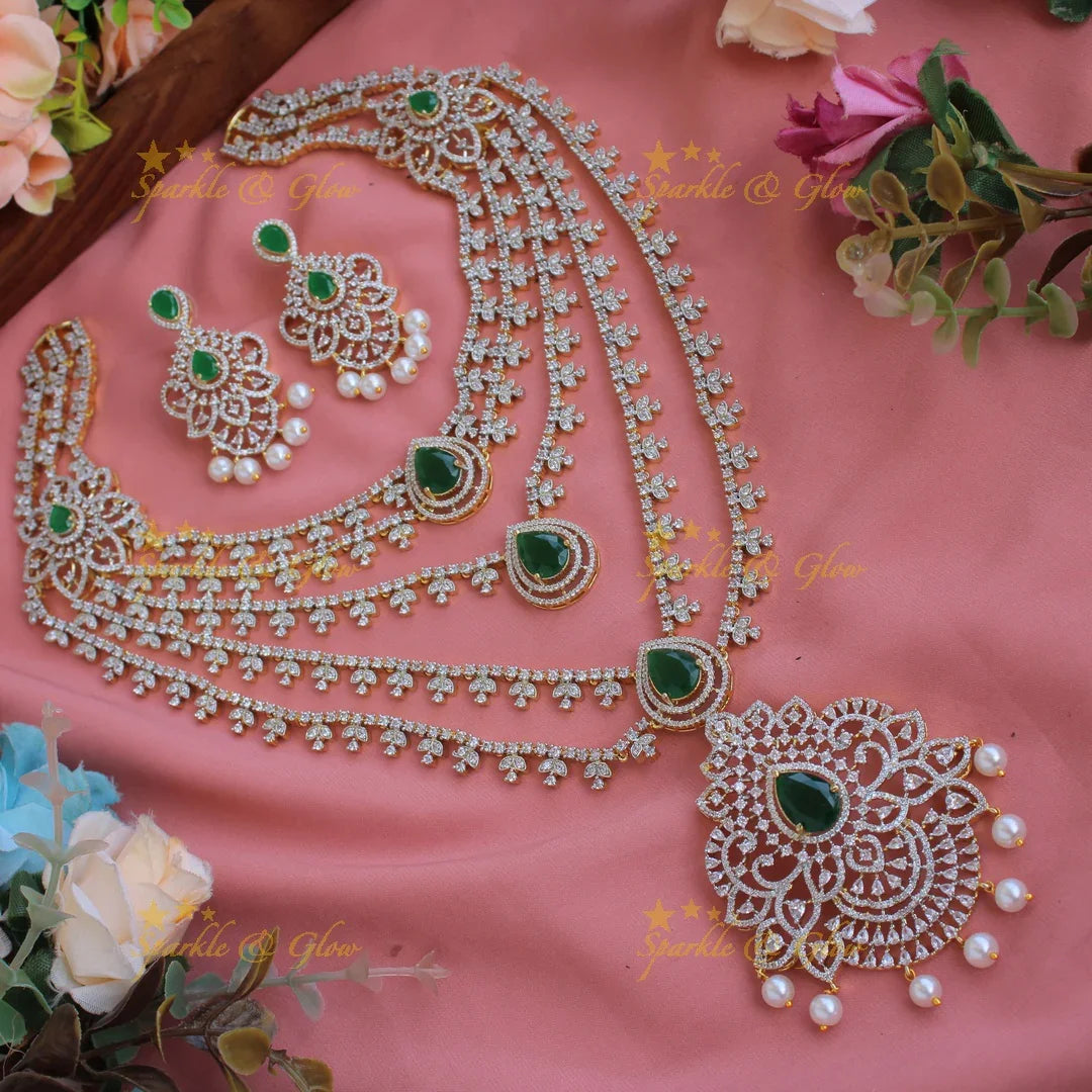 Green Back Thread Floral American Diamond Haram with Pearls Emerald