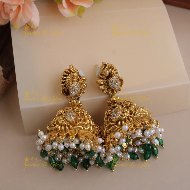 Beautiful Radha Krishna dancing peacock carved short necklace with pearls and green beads - Sparkle and Glow