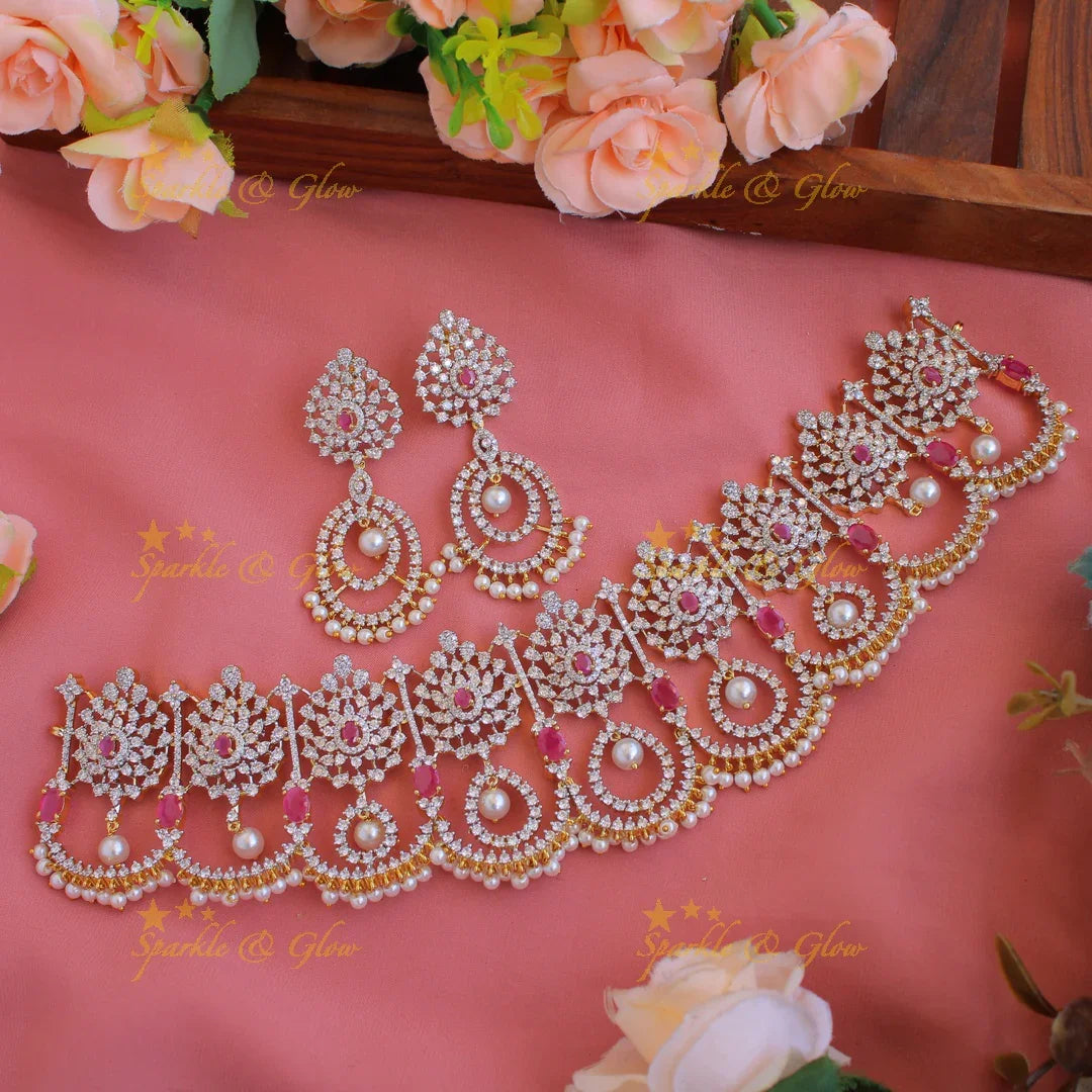 Elegant Leaf design American diamond choker with ruby and pearl drops - Sparkle and Glow