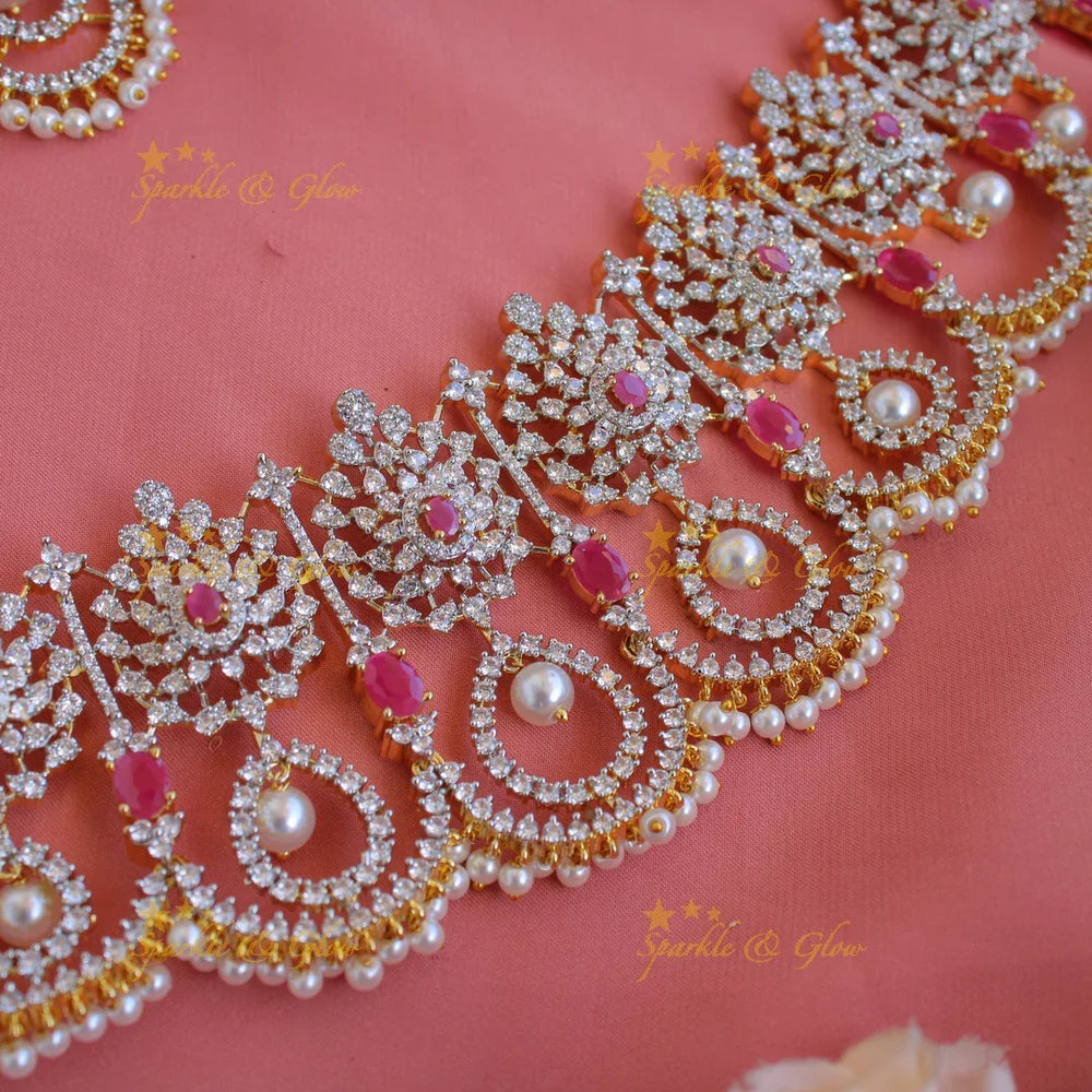 Elegant Leaf design American diamond choker with ruby and pearl drops - Sparkle and Glow