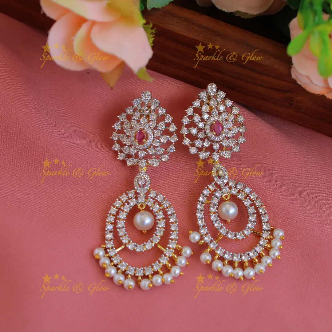 Elegant Leaf design American diamond choker with ruby and pearl drops - Sparkle and Glow