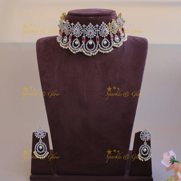 Elegant Leaf design American diamond choker with ruby and pearl drops - Sparkle and Glow