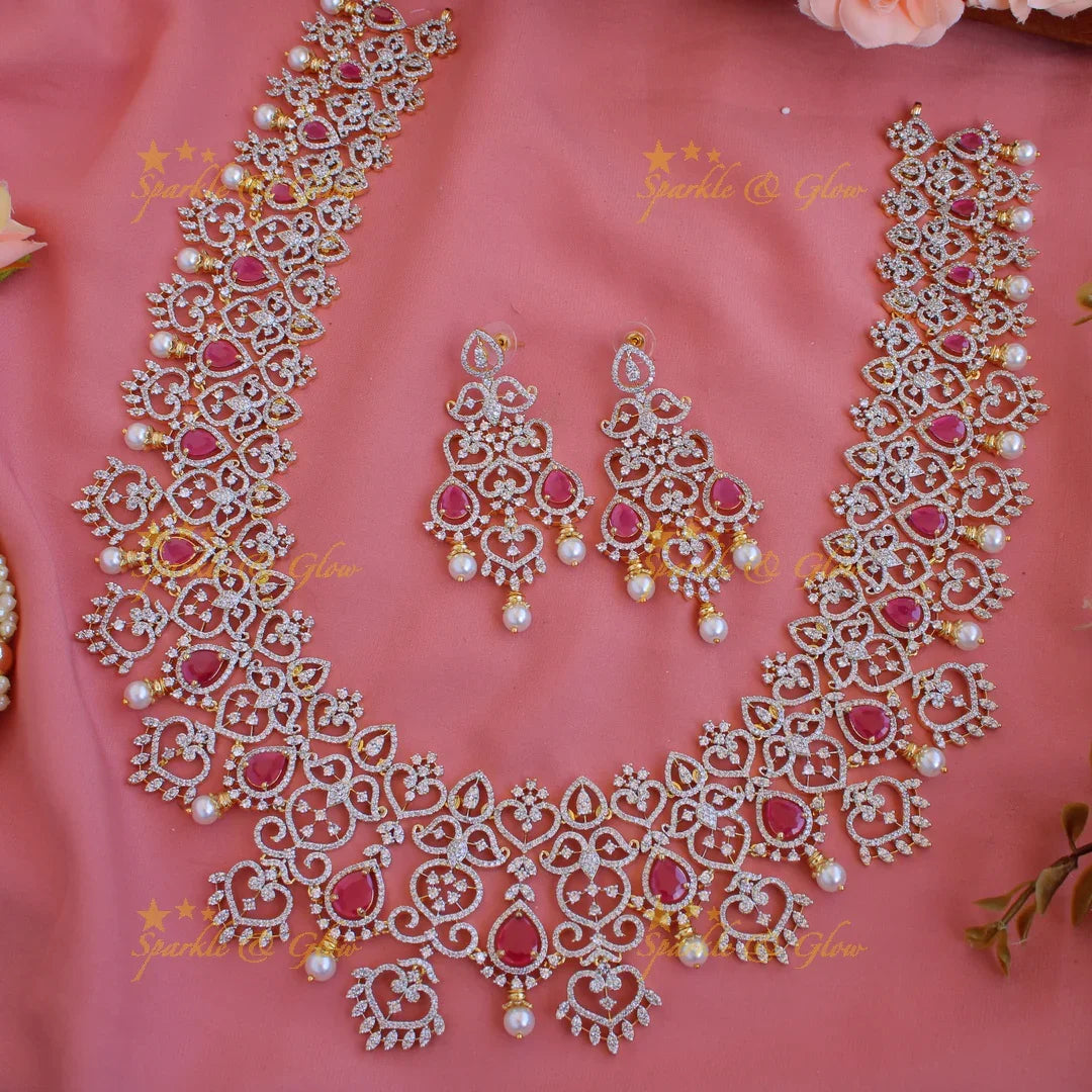 Grand intricate floral leaflet design American diamond long necklace with emerald and pearls - green - Sparkle and Glow