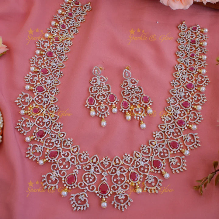 Grand intricate floral leaflet design American diamond long necklace with emerald and pearls - green - Sparkle and Glow