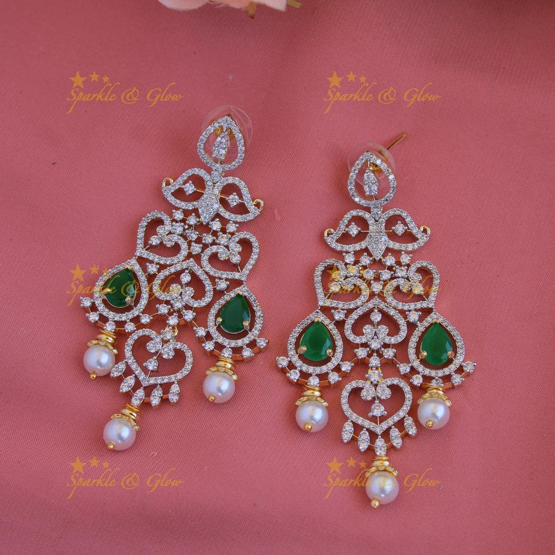 Grand intricate floral leaflet design American diamond long necklace with emerald and pearls - green - Sparkle and Glow