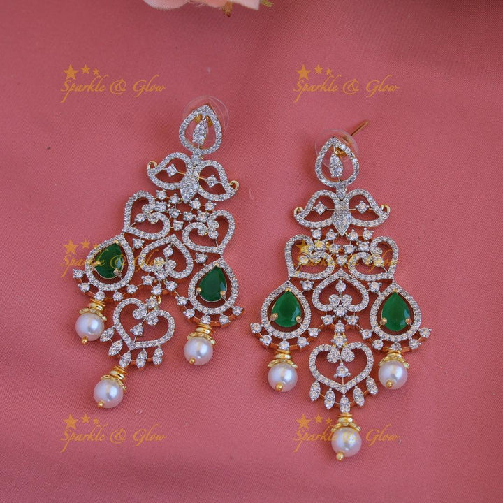 Grand intricate floral leaflet design American diamond long necklace with emerald and pearls - green - Sparkle and Glow