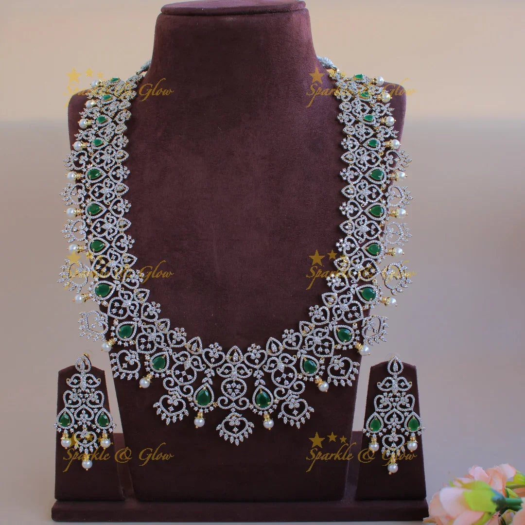 Grand intricate floral leaflet design American diamond long necklace with emerald and pearls - green - Sparkle and Glow