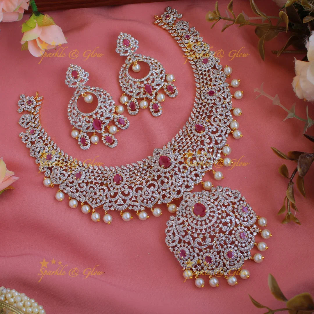 Beautiful Floral Leaf design American diamond short necklace with ruby and pearls - Sparkle and Glow