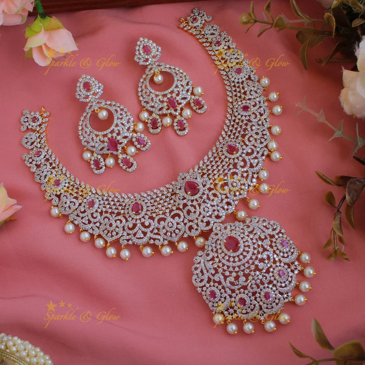 Beautiful Floral Leaf design American diamond short necklace with ruby and pearls - Sparkle and Glow