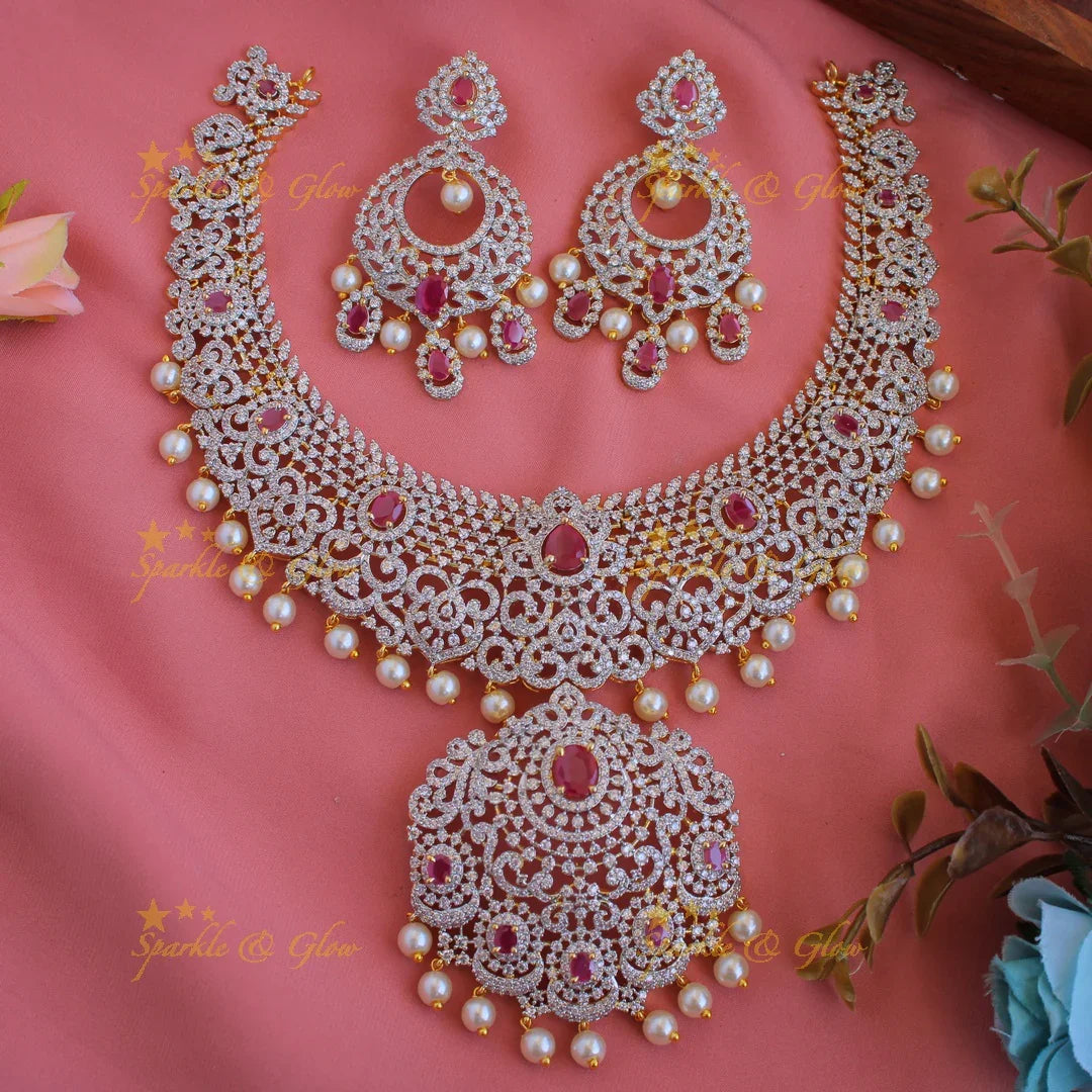 Beautiful Floral Leaf design American diamond short necklace with ruby and pearls - Sparkle and Glow