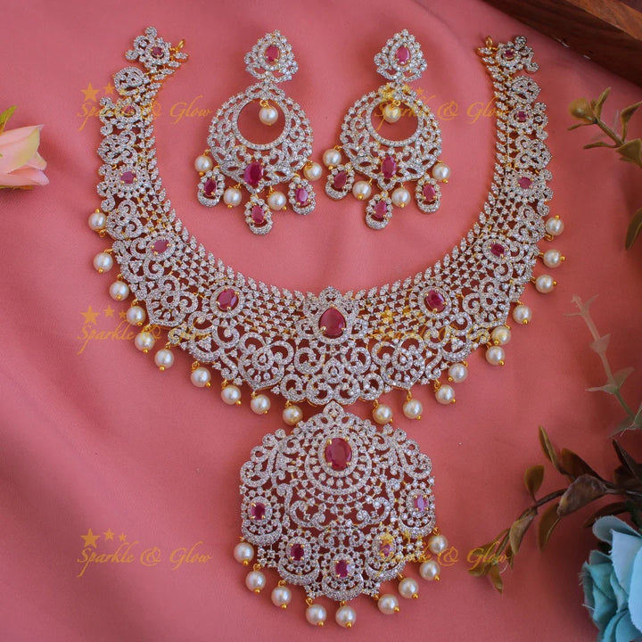 Beautiful Floral Leaf design American diamond short necklace with ruby and pearls - Sparkle and Glow