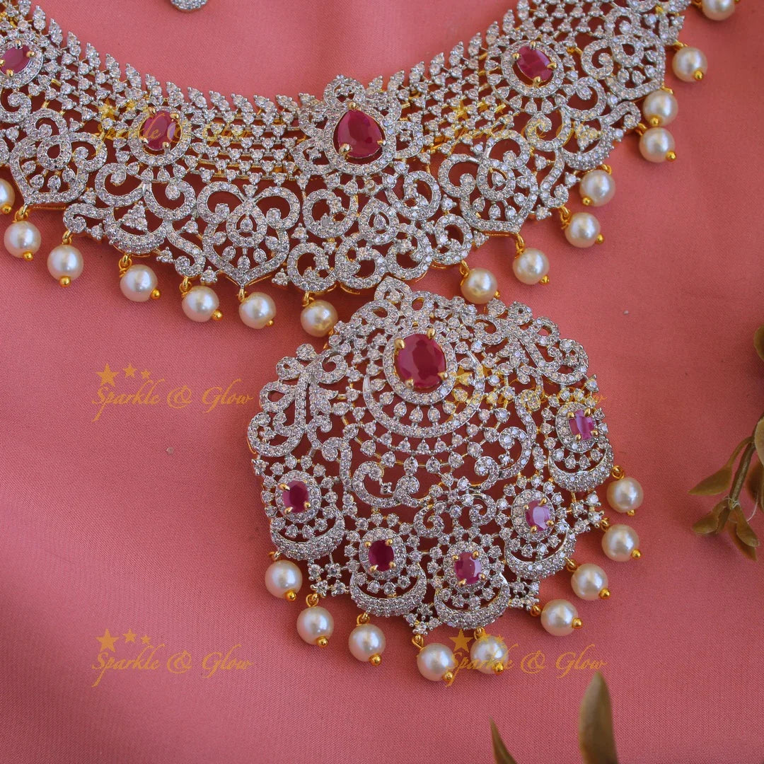 Beautiful Floral Leaf design American diamond short necklace with ruby and pearls - Sparkle and Glow