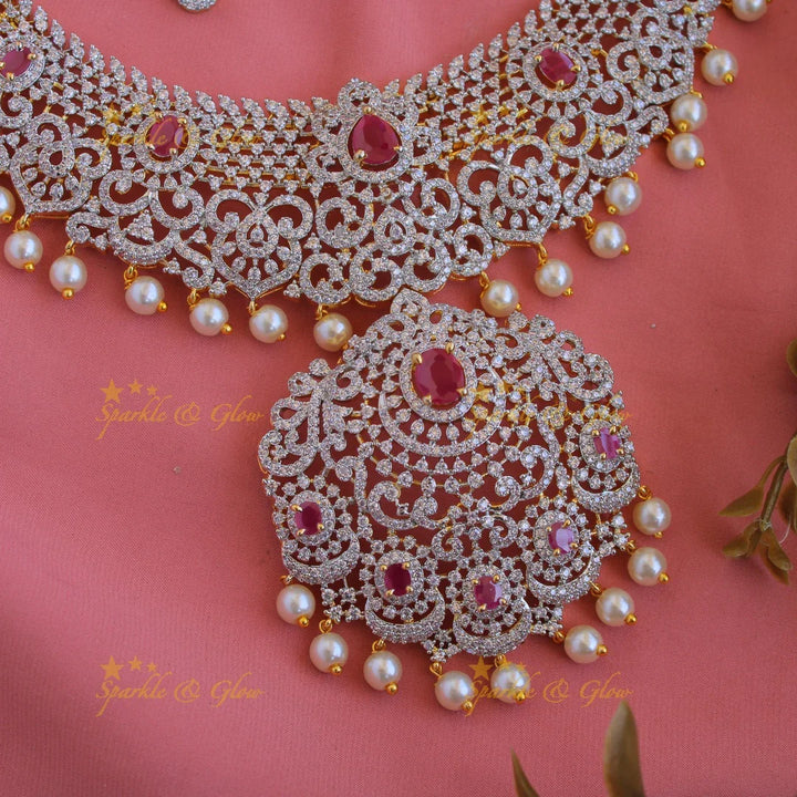 Beautiful Floral Leaf design American diamond short necklace with ruby and pearls - Sparkle and Glow