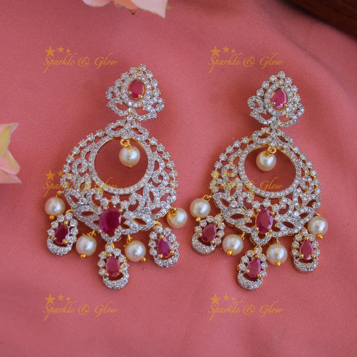 Beautiful Floral Leaf design American diamond short necklace with ruby and pearls - Sparkle and Glow