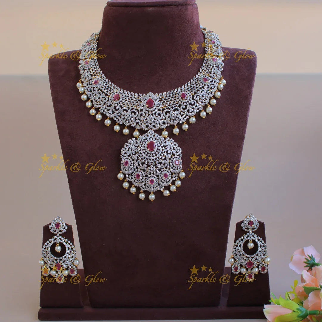 Beautiful Floral Leaf design American diamond short necklace with ruby and pearls - Sparkle and Glow