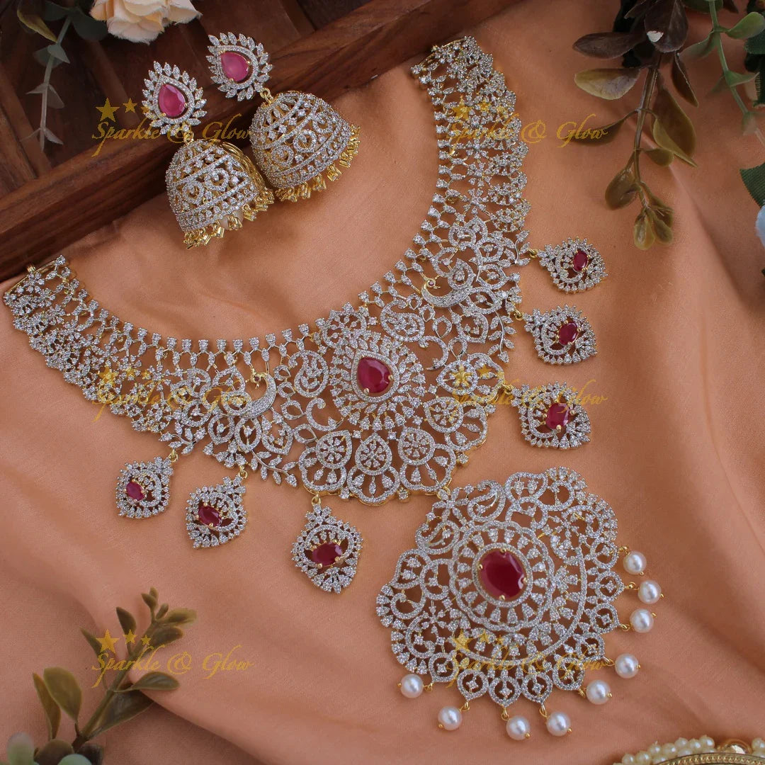 Sparkling Peacock floral design American diamond short necklace with ruby and floral drops - pink - Sparkle and Glow