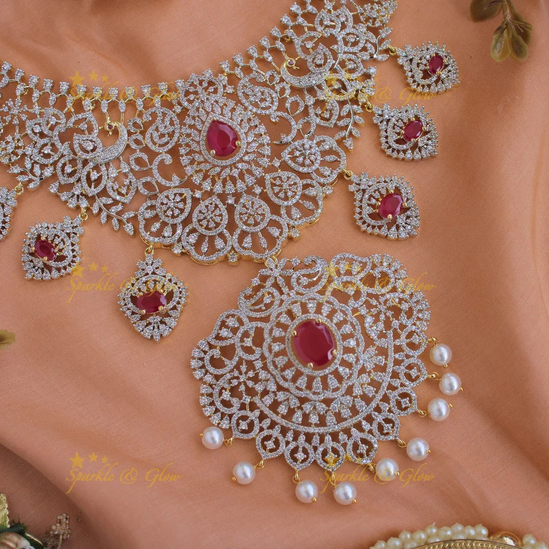 Sparkling Peacock floral design American diamond short necklace with ruby and floral drops - pink - Sparkle and Glow