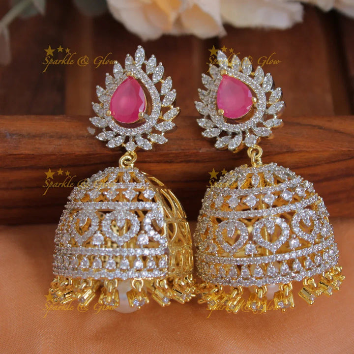 Sparkling Peacock floral design American diamond short necklace with ruby and floral drops - pink - Sparkle and Glow