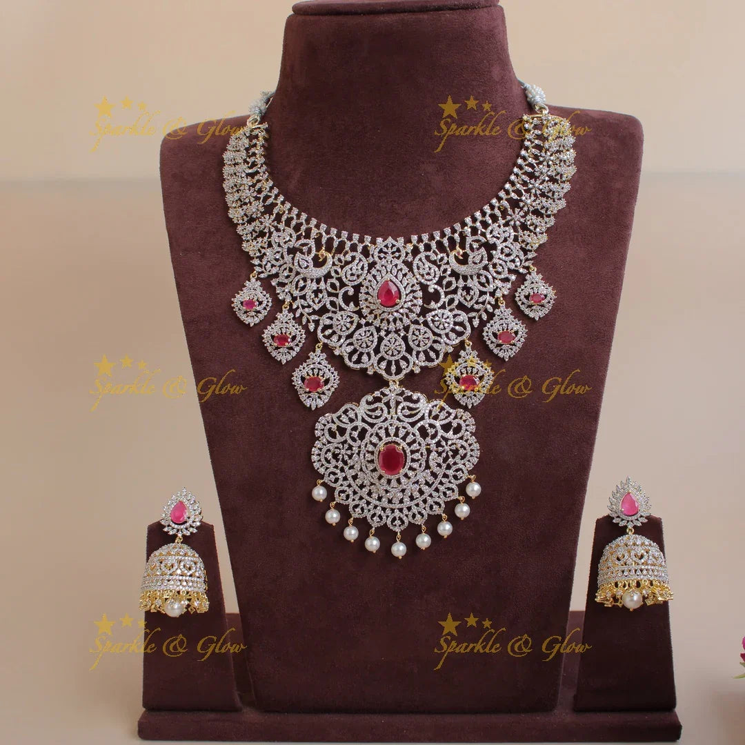 Sparkling Peacock floral design American diamond short necklace with ruby and floral drops - pink - Sparkle and Glow