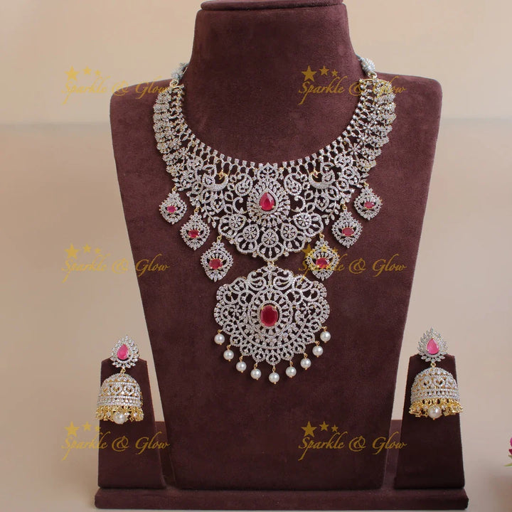 Sparkling Peacock floral design American diamond short necklace with ruby and floral drops - pink - Sparkle and Glow